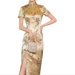 Elegant Gold Floral Satin Maxi Dress with Mandarin Collar